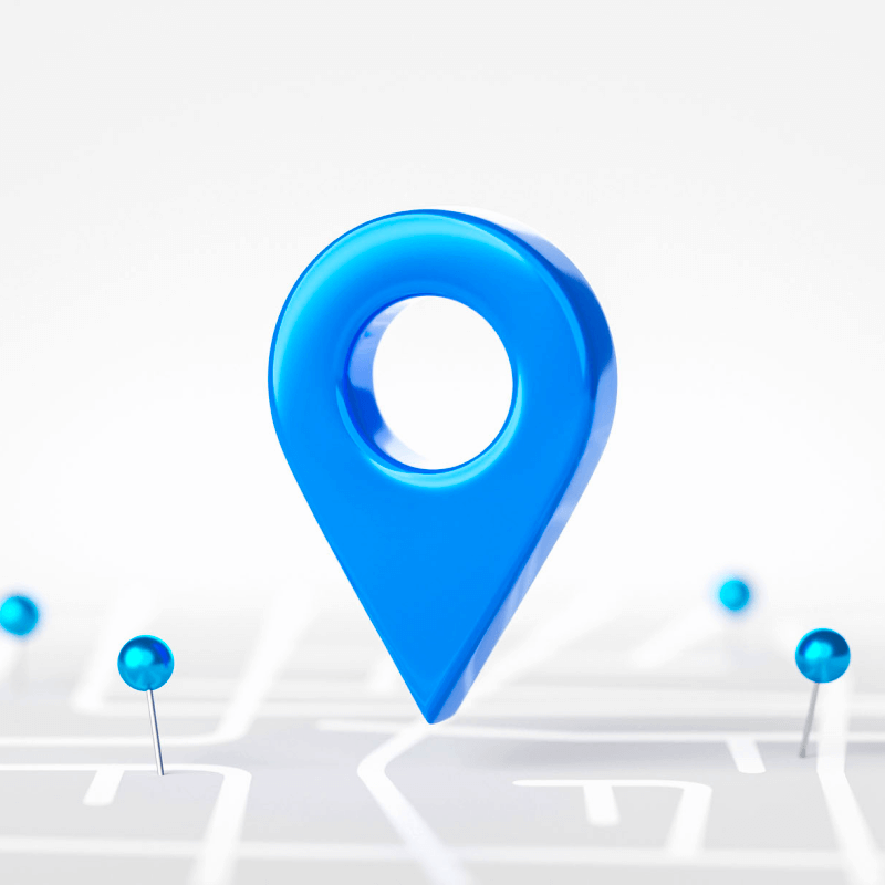 A map with a number of pins surrounding a large map marker.