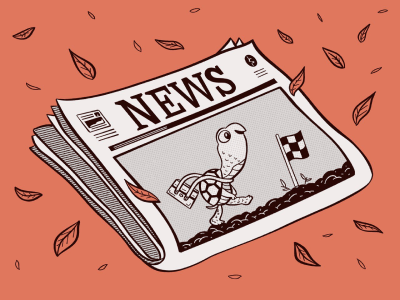 An image of a newspaper with a cartoon turtle crossing a finish line.