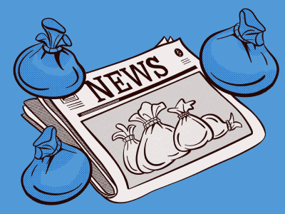 A newspaper with an image of bags, and bags surrounding the newspaper.