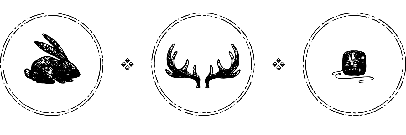 Image of 3 circles, one with a rabbit, one with antlers and one with yarn