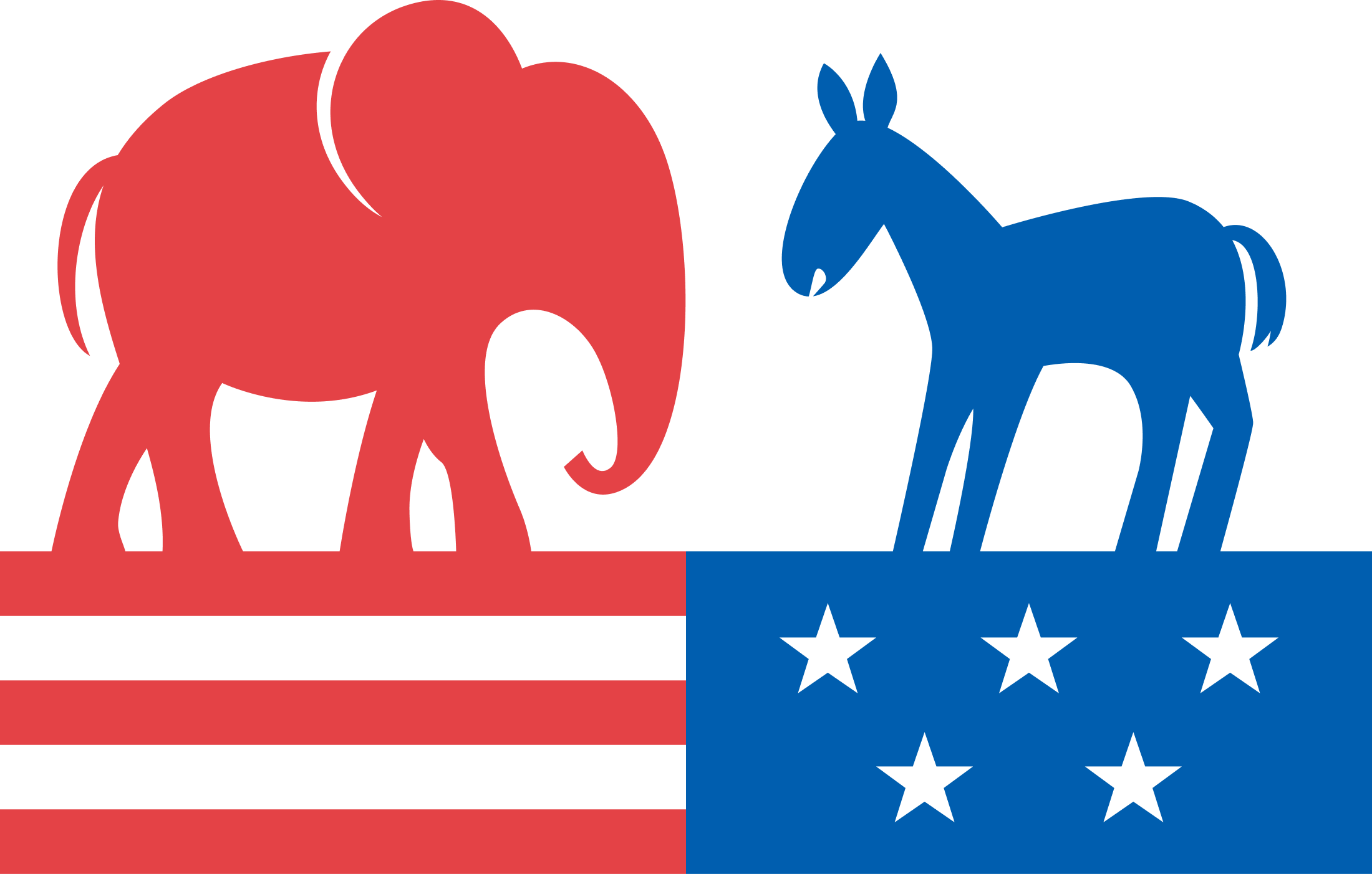 An image of a red elephant icon and a blue donkey icon above an American flag.