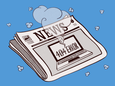 A newspaper with a laptop with the words "404 ERROR"