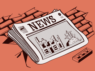 A newspaper with an image of the remnants of an old building.