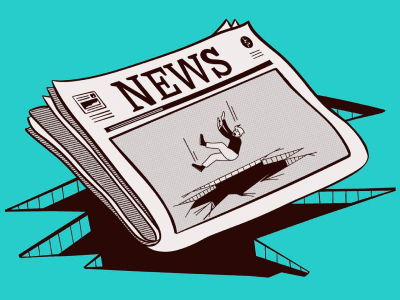 A newspaper with an image of a person falling into a hole.