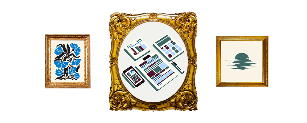 Illustration of three framed pieces of art