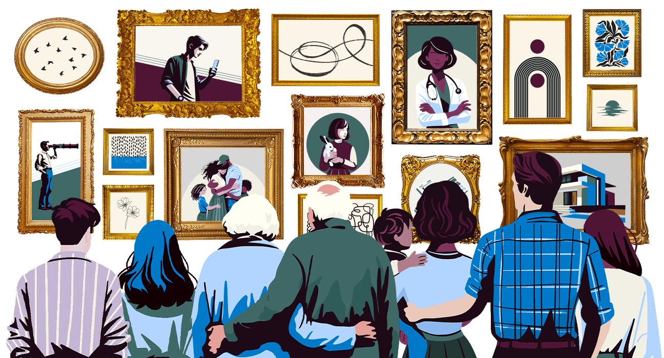 Illustration of many framed pieces of art, with an audience overlooking