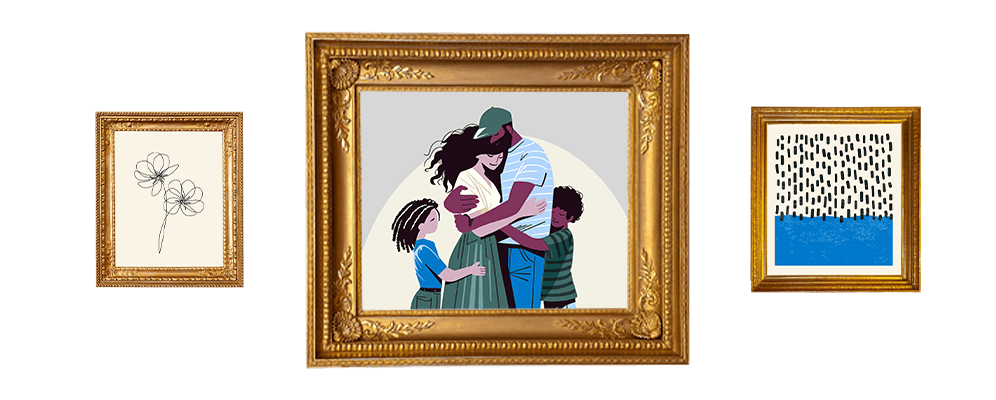 Illustration of three framed pieces of art