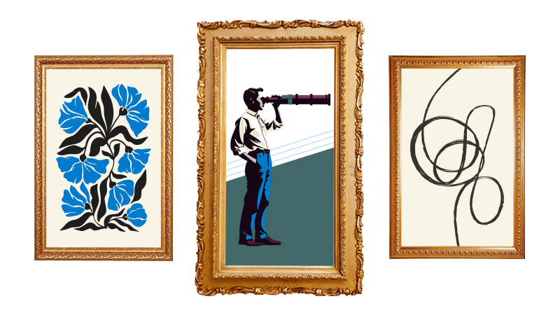 Image of three portraits, the middle featuring a man with a telescope