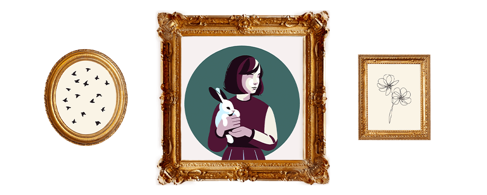 Illustration of three framed pieces of art