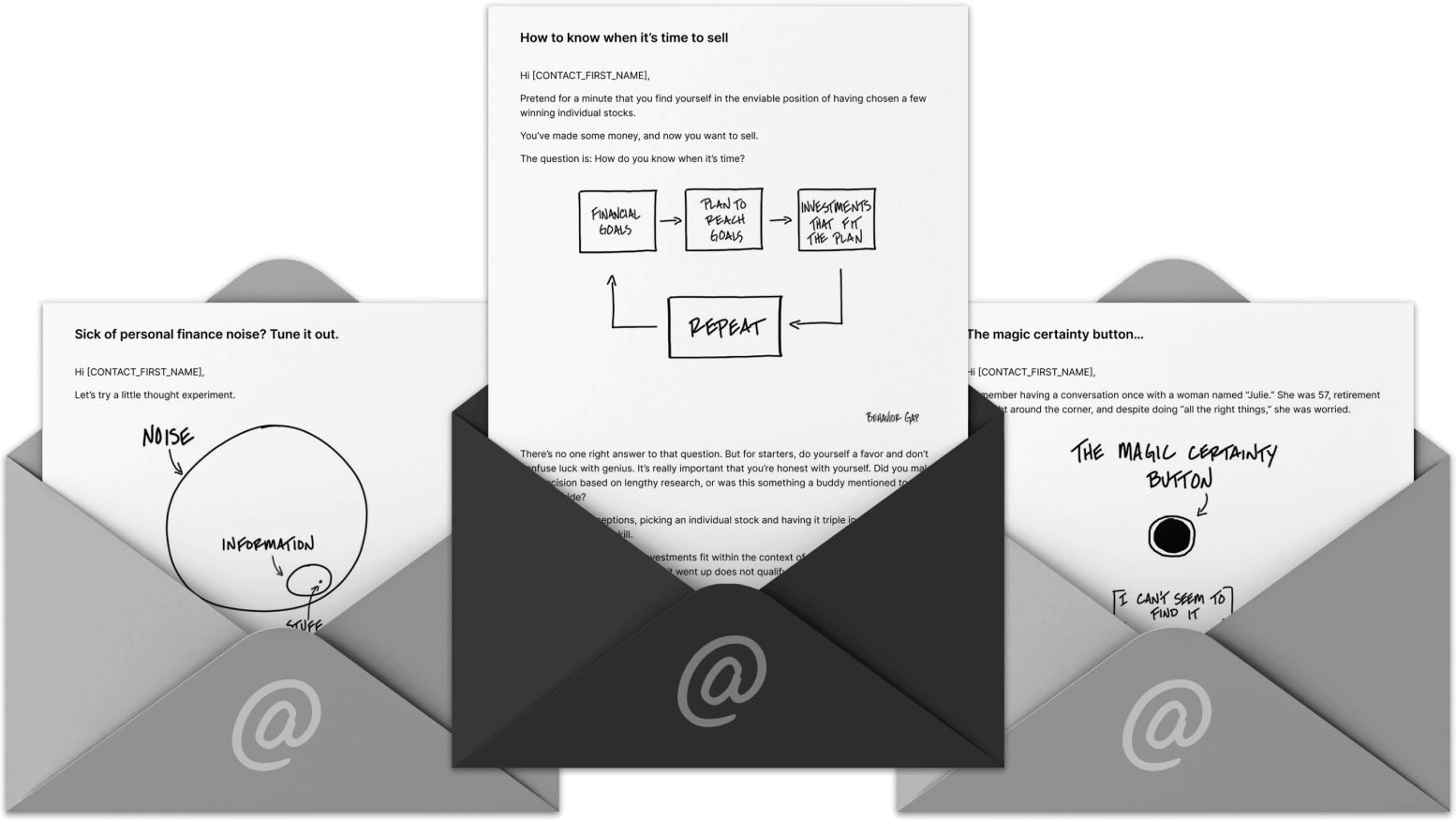Digital art of 3 separate open envelopes with pieces of paper containing the contents of this email. Each envelope has an at sign on the front.. 