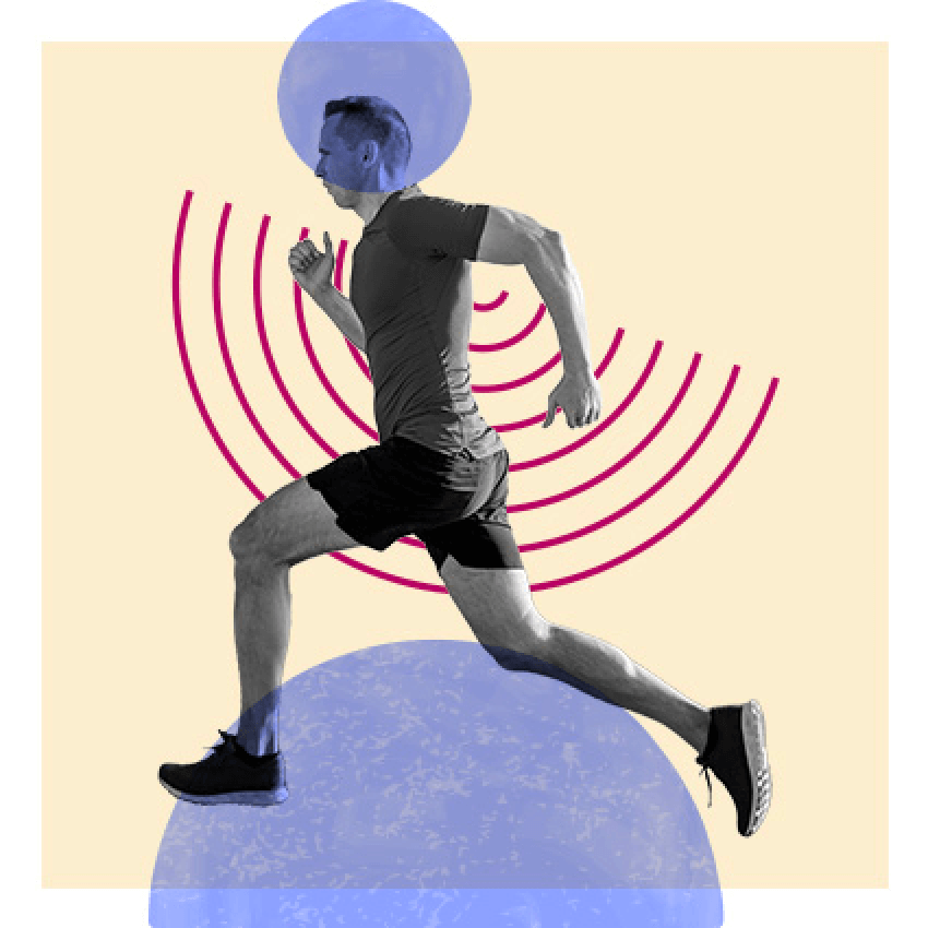 A running man with a violet circle shape and a red half-circular wave
