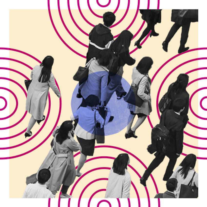 People are walking, and there is a violet circle in the center.