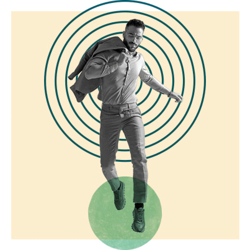 Hopping man with green circle at the bottom and green circular wave