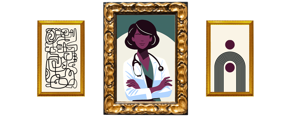 Illustration of three framed pieces of art, prominently featuring a doctor