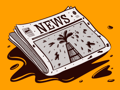 A newspaper with an image of an oil rig on the front.