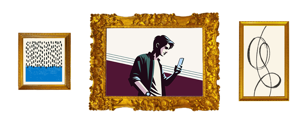 Illustration of three framed pieces of art