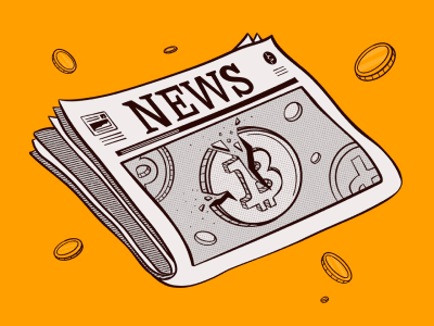 A newspaper with a coin with the Bitcoin logo, ripped in half.