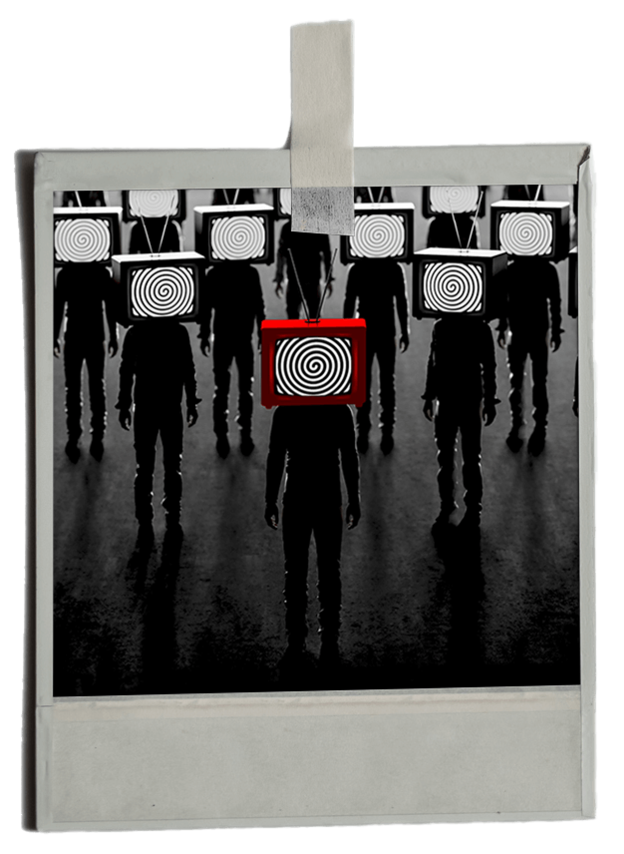 An artistic photo affixed to a clipboard, depicting silhouetted figures with bullseye targets superimposed on their heads, with one figure's target highlighted in red.